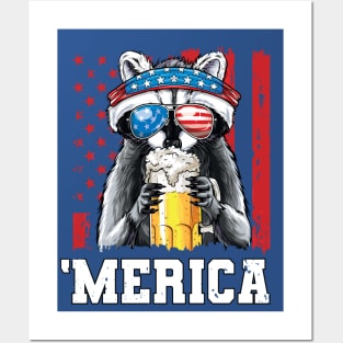 4th of July Patriotic Raccoon Merica USA Flag Drinking Team Posters and Art